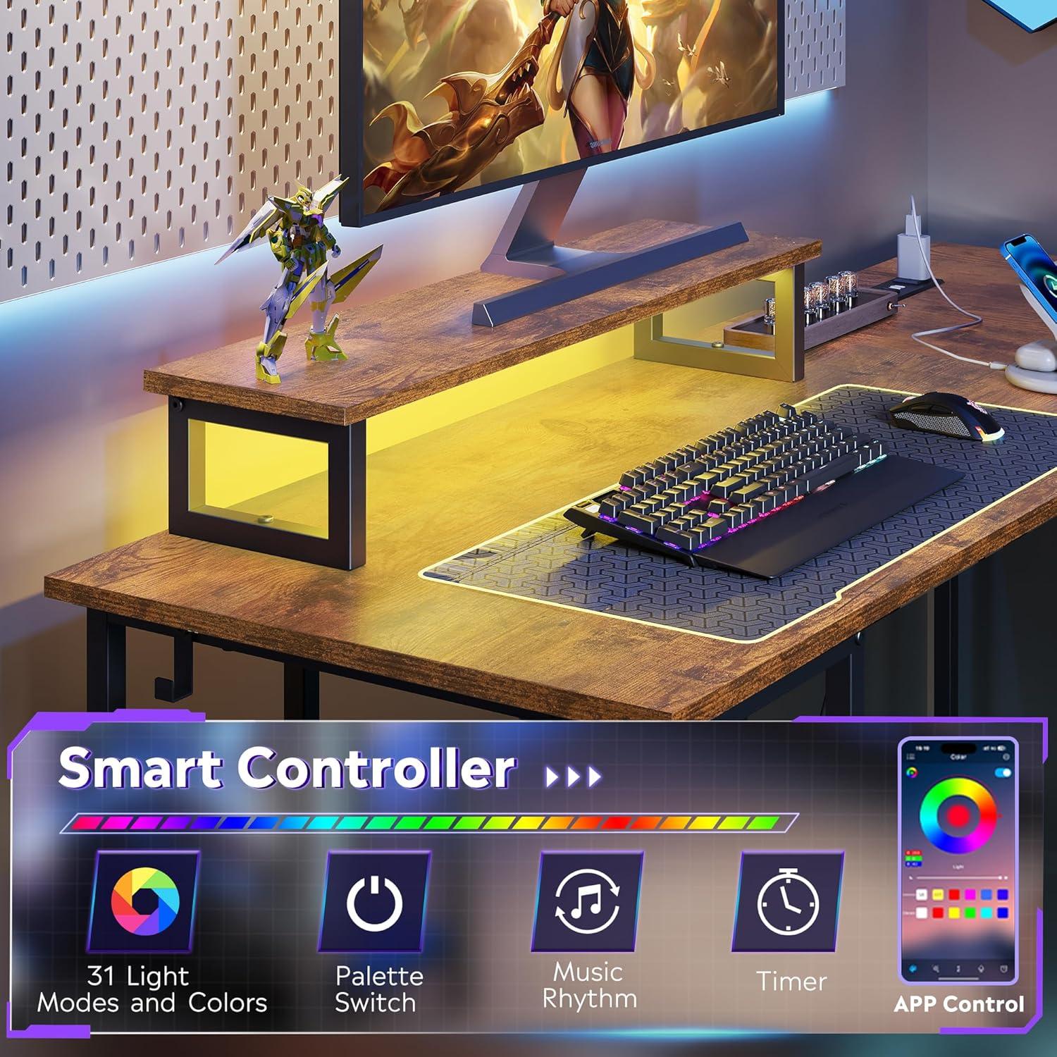 imageDEVAISE 47 Inch L Shaped Gaming Desk with LED Lights amp Power Outlets Corner Desk for Small Spaces Sturdy PC Computer Table with Storage for Home Office Rustic BrownRustic Brown