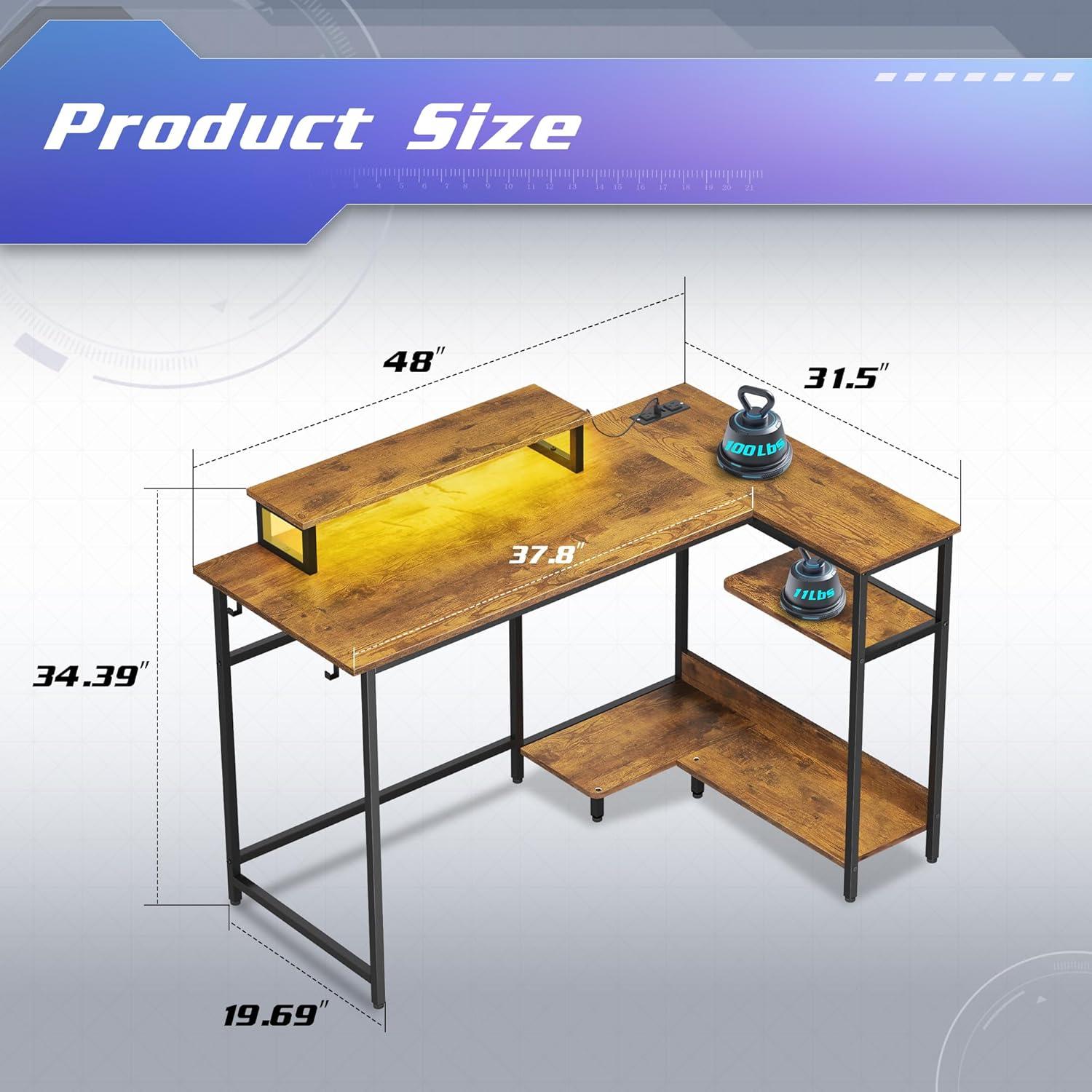 imageDEVAISE 47 Inch L Shaped Gaming Desk with LED Lights amp Power Outlets Corner Desk for Small Spaces Sturdy PC Computer Table with Storage for Home Office Rustic BrownRustic Brown