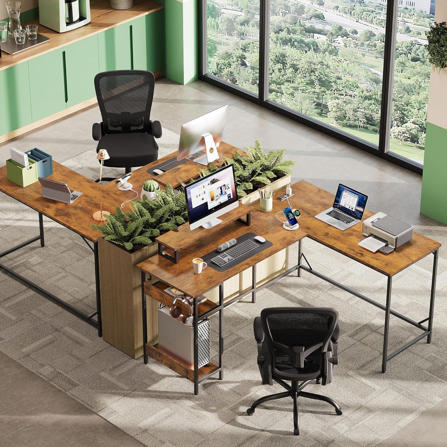 imageDEVAISE 47 Inch L Shaped Gaming Desk with LED Lights amp Power Outlets Corner Desk for Small Spaces Sturdy PC Computer Table with Storage for Home Office Rustic BrownRustic Brown