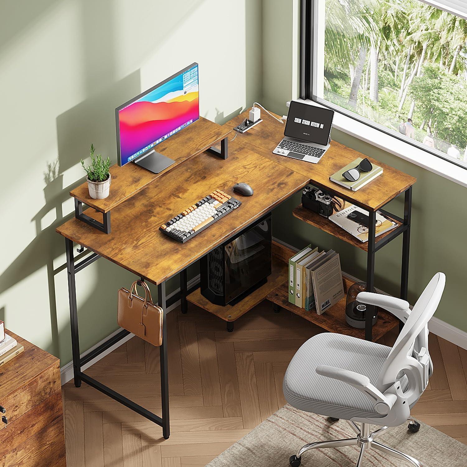 imageDEVAISE 47 Inch L Shaped Gaming Desk with LED Lights amp Power Outlets Corner Desk for Small Spaces Sturdy PC Computer Table with Storage for Home Office Rustic BrownRustic Brown