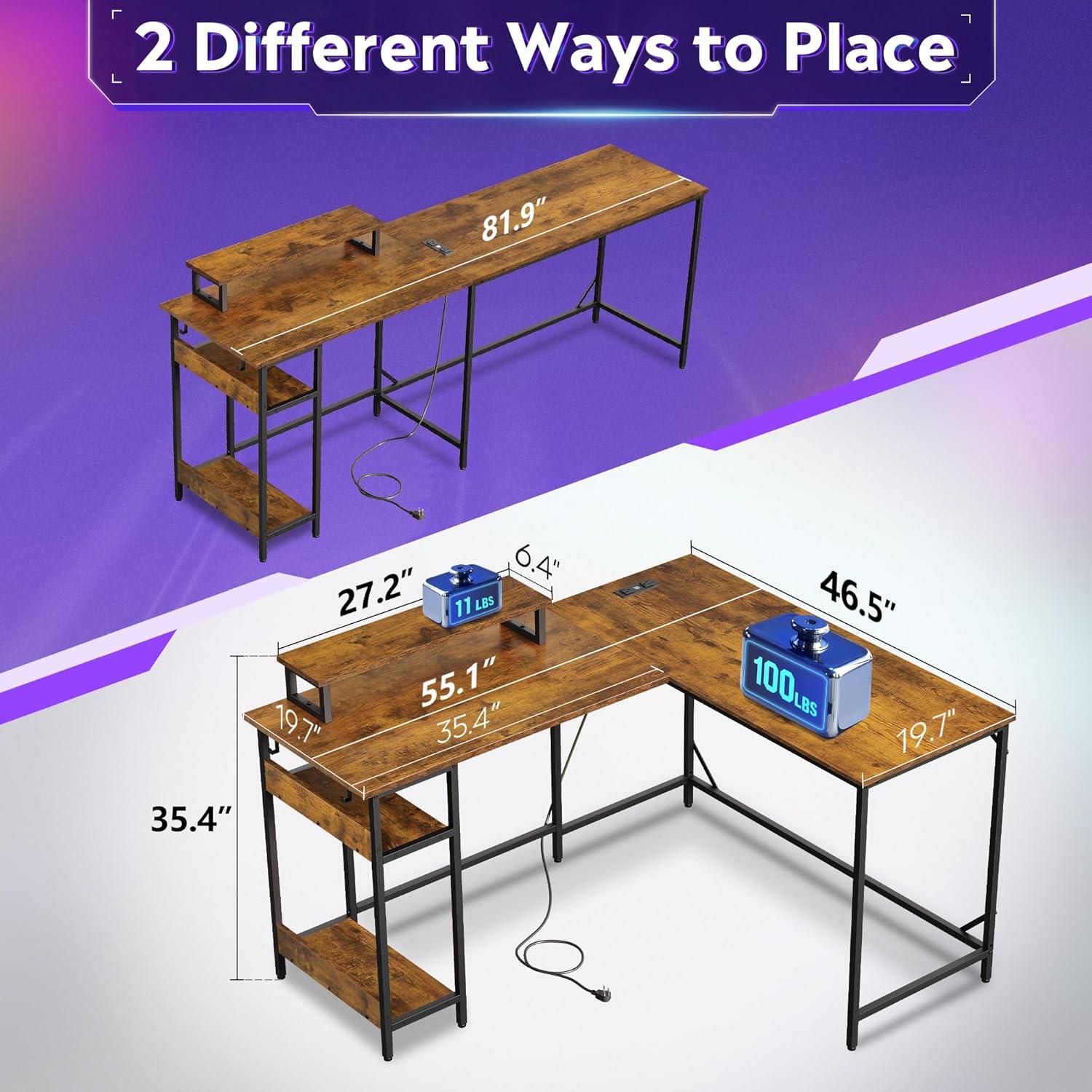 imageDEVAISE 47 Inch L Shaped Gaming Desk with LED Lights amp Power Outlets Corner Desk for Small Spaces Sturdy PC Computer Table with Storage for Home Office Rustic BrownRustic Brown