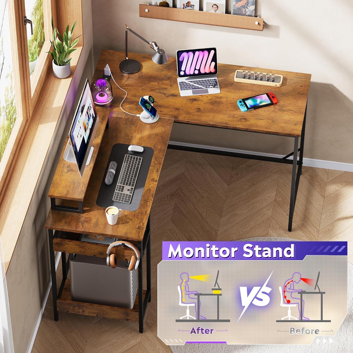 imageDEVAISE 47 Inch L Shaped Gaming Desk with LED Lights amp Power Outlets Corner Desk for Small Spaces Sturdy PC Computer Table with Storage for Home Office Rustic BrownRustic Brown