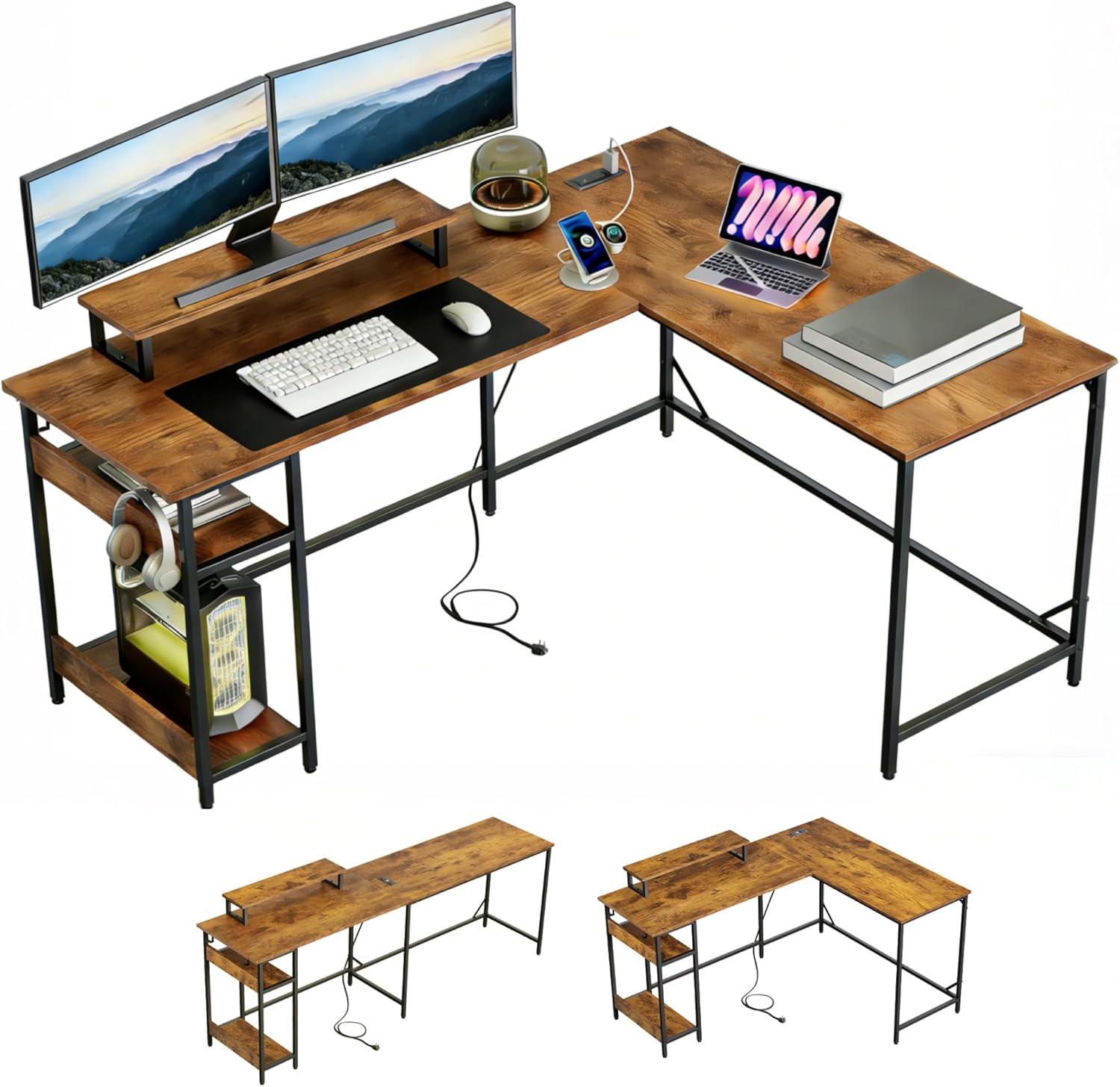 imageDEVAISE 47 Inch L Shaped Gaming Desk with LED Lights amp Power Outlets Corner Desk for Small Spaces Sturdy PC Computer Table with Storage for Home Office Rustic BrownRustic Brown