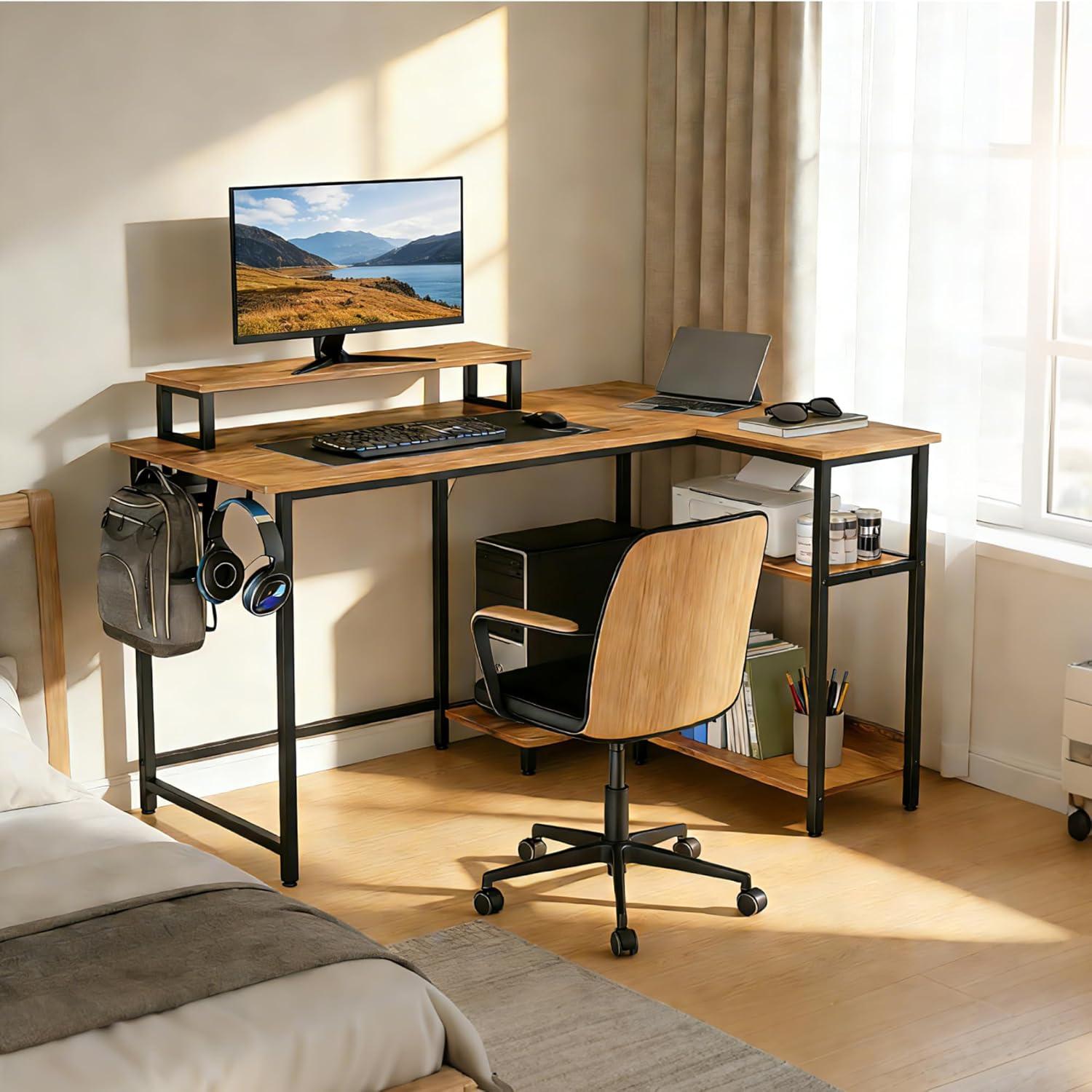 imageDEVAISE 47 Inch L Shaped Gaming Desk with LED Lights amp Power Outlets Corner Desk for Small Spaces Sturdy PC Computer Table with Storage for Home Office Rustic BrownRustic Brown