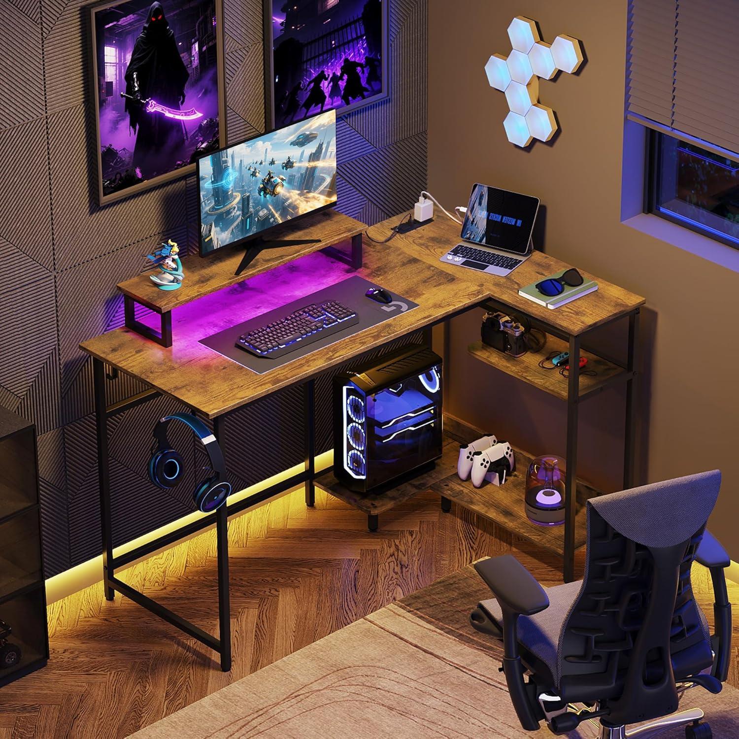 imageDEVAISE 47 Inch L Shaped Gaming Desk with LED Lights amp Power Outlets Corner Desk for Small Spaces Sturdy PC Computer Table with Storage for Home Office Rustic BrownRustic Brown