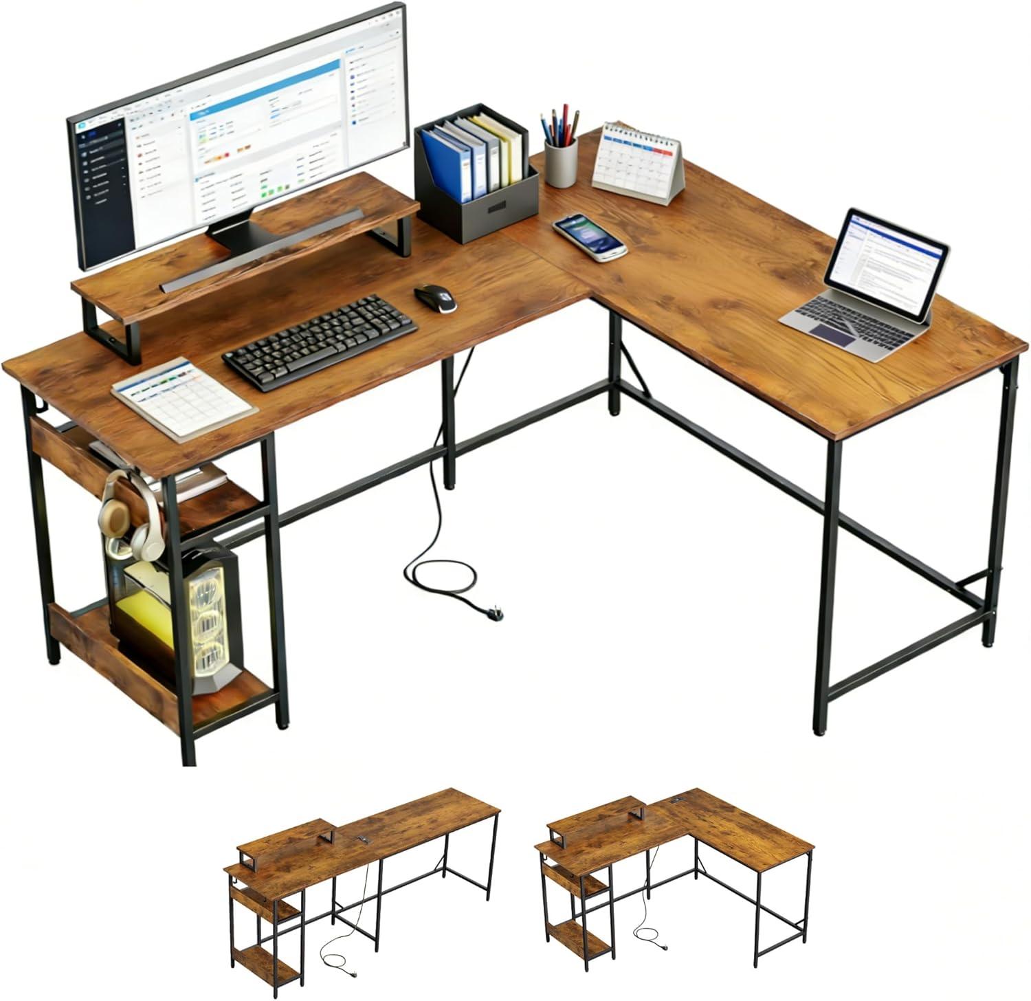 imageDEVAISE 47 Inch L Shaped Gaming Desk with LED Lights amp Power Outlets Corner Desk for Small Spaces Sturdy PC Computer Table with Storage for Home Office Rustic BrownRustic Brown