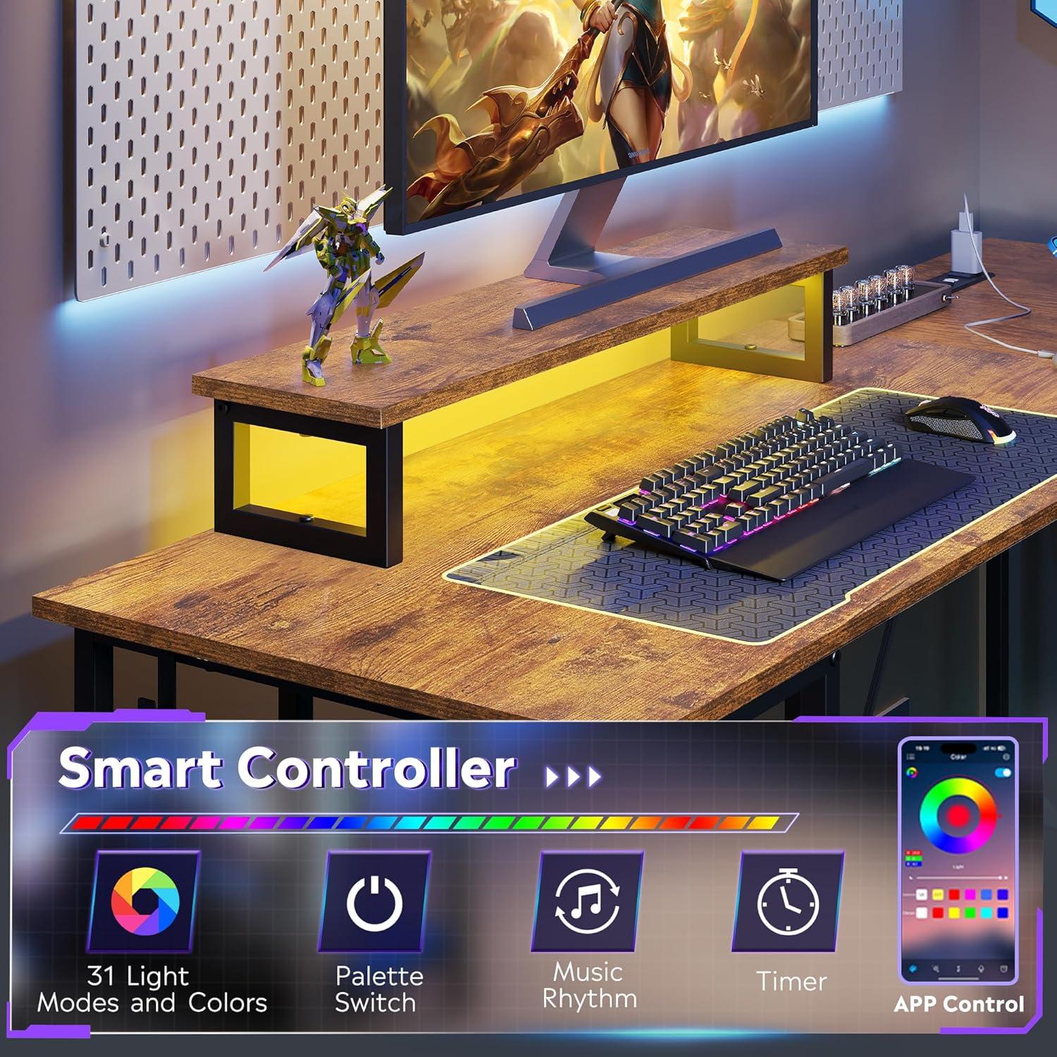 imageDEVAISE 47 Inch L Shaped Gaming Desk with LED Lights amp Power Outlets Corner Desk for Small Spaces Sturdy PC Computer Table with Storage for Home Office Rustic BrownRustic Brown