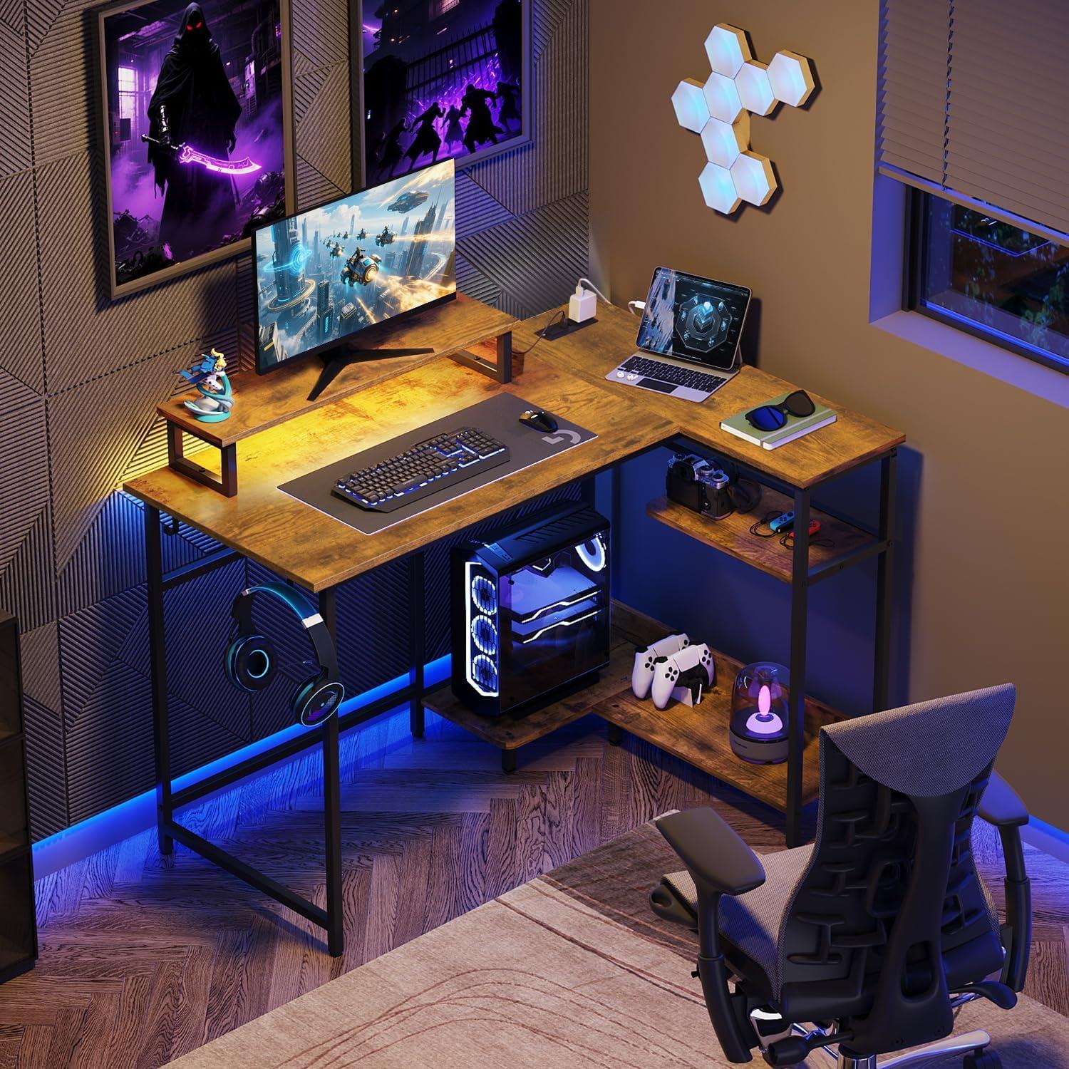 imageDEVAISE 47 Inch L Shaped Gaming Desk with LED Lights amp Power Outlets Corner Desk for Small Spaces Sturdy PC Computer Table with Storage for Home Office Rustic BrownRustic Brown