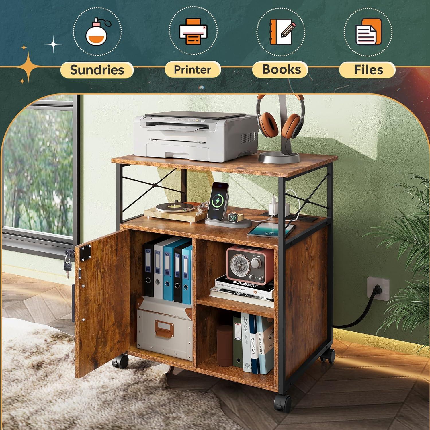 imageDEVAISE File Cabinet with Charging Station Lockable Lateral Filing Cabinets for Home Office Printer Cabinet Accommodates A4Letter Size File folders Rustic Brown